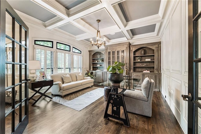 15595 Birmingham Hwy, Alpharetta, GA 30004 - office with french doors, a chandelier, coffered ceiling, beamed ceiling, and crown molding