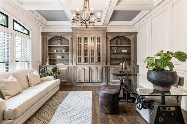 15595 Birmingham Hwy, Alpharetta, GA 30004 - office space featuring a decorative wall, a chandelier, dark wood-style flooring, beamed ceiling, and coffered ceiling