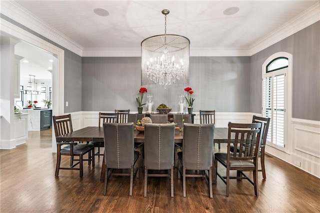 15595 Birmingham Hwy, Alpharetta, GA 30004 - dining area with a decorative wall, a chandelier, dark wood finished floors, wainscoting, and ornamental molding