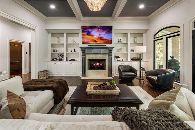 15595 Birmingham Hwy, Alpharetta, GA 30004 - living area featuring ornamental molding, a warm lit fireplace, wood finished floors, a chandelier, and beam ceiling