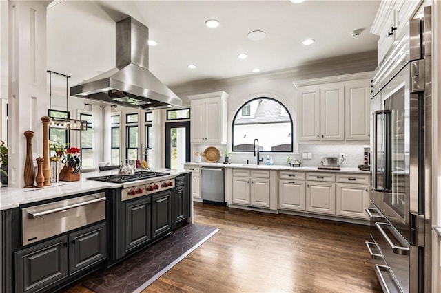 15595 Birmingham Hwy, Alpharetta, GA 30004 - kitchen featuring a warming drawer, island range hood, stainless steel appliances, white cabinetry, and tasteful backsplash