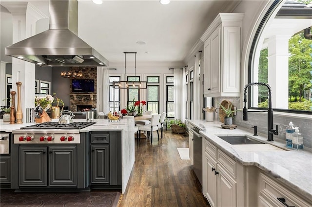 15595 Birmingham Hwy, Alpharetta, GA 30004 - kitchen with island range hood, white cabinets, plenty of natural light, dark wood-style flooring, and recessed lighting