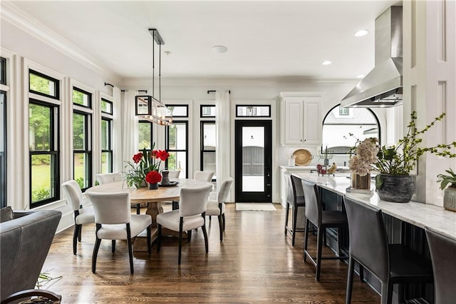 15595 Birmingham Hwy, Alpharetta, GA 30004 - dining area with dark wood-style floors, ornamental molding, and recessed lighting