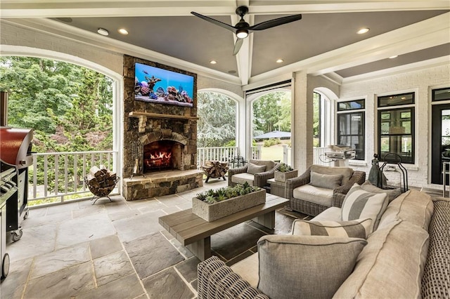 15595 Birmingham Hwy, Alpharetta, GA 30004 - view of patio featuring an outdoor living space with a fireplace and a ceiling fan