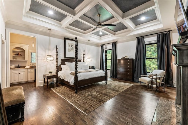 15595 Birmingham Hwy, Alpharetta, GA 30004 - bedroom featuring multiple windows, dark wood-style flooring, coffered ceiling, beamed ceiling, and ornamental molding
