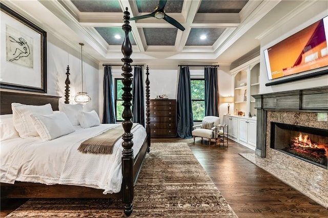 15595 Birmingham Hwy, Alpharetta, GA 30004 - bedroom featuring ornamental molding, dark wood-style flooring, a high end fireplace, beamed ceiling, and coffered ceiling