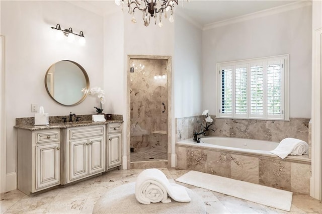 15595 Birmingham Hwy, Alpharetta, GA 30004 - bathroom with a bath, a stall shower, vanity, ornamental molding, and a chandelier