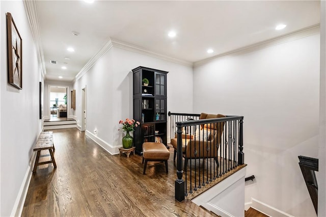 15595 Birmingham Hwy, Alpharetta, GA 30004 - corridor featuring an upstairs landing, dark wood-style flooring, recessed lighting, and ornamental molding