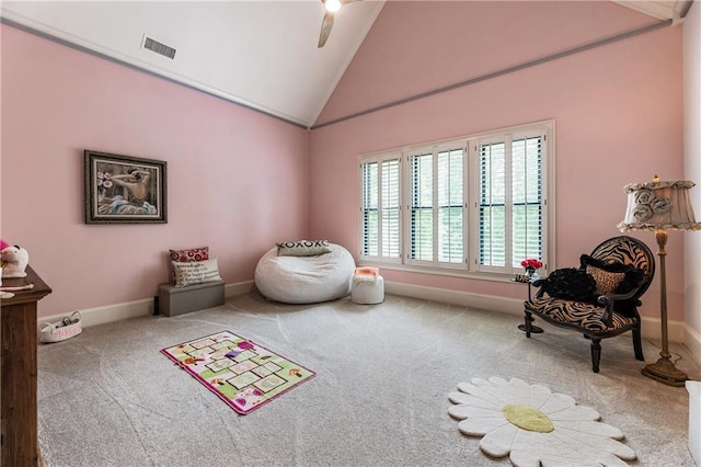 15595 Birmingham Hwy, Alpharetta, GA 30004 - rec room featuring carpet floors, ceiling fan, and high vaulted ceiling