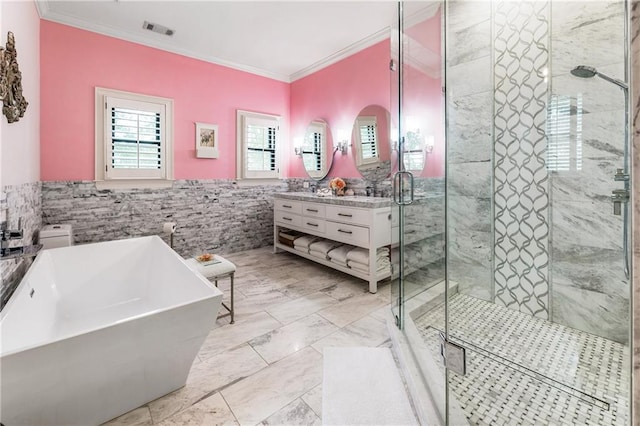 15595 Birmingham Hwy, Alpharetta, GA 30004 - bathroom with tile walls, vanity, a soaking tub, ornamental molding, and marble finish flooring