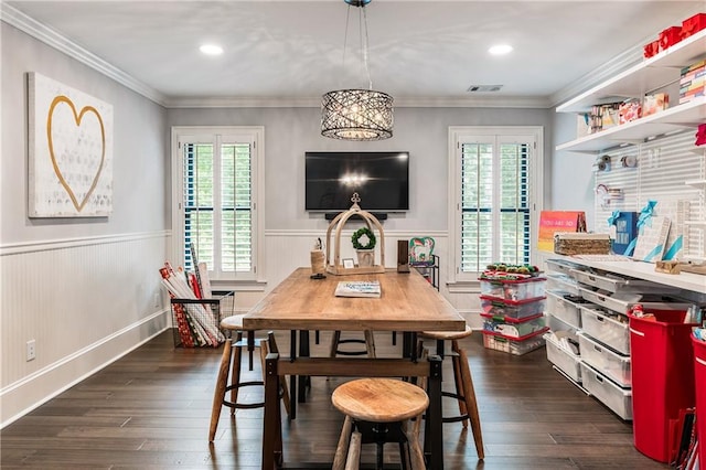 15595 Birmingham Hwy, Alpharetta, GA 30004 - dining room featuring healthy amount of natural light, wainscoting, dark wood-style floors, recessed lighting, and a chandelier