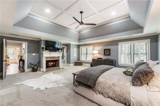 15595 Birmingham Hwy, Alpharetta, GA 30004 - carpeted bedroom with a raised ceiling, crown molding, multiple windows, a premium fireplace, and coffered ceiling