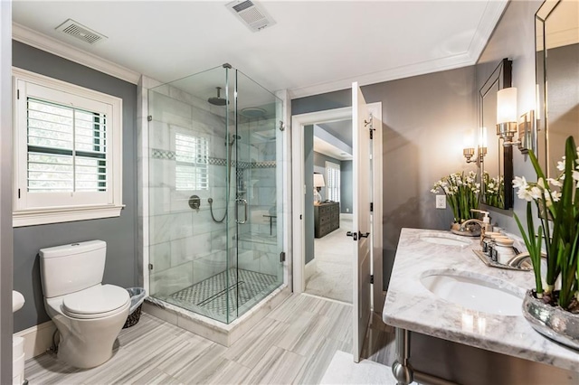 15595 Birmingham Hwy, Alpharetta, GA 30004 - bathroom with a stall shower, double vanity, and ornamental molding