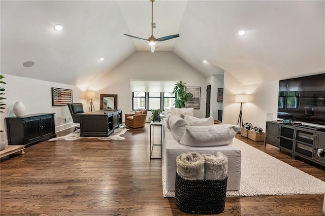 15595 Birmingham Hwy, Alpharetta, GA 30004 - living room featuring vaulted ceiling, a ceiling fan, and dark wood-type flooring