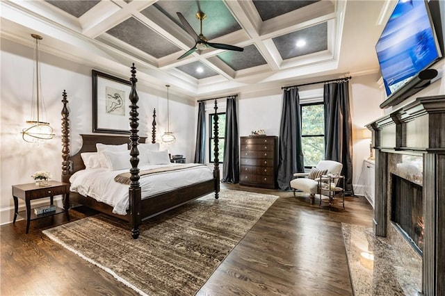 15595 Birmingham Hwy, Alpharetta, GA 30004 - bedroom featuring a fireplace, wood finished floors, coffered ceiling, beamed ceiling, and crown molding