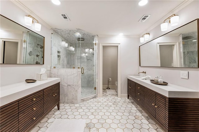 15595 Birmingham Hwy, Alpharetta, GA 30004 - bathroom with vanity, a marble finish shower, crown molding, and recessed lighting