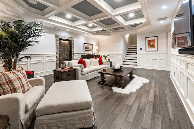 15595 Birmingham Hwy, Alpharetta, GA 30004 - living room with a decorative wall, coffered ceiling, stairway, beam ceiling, and crown molding