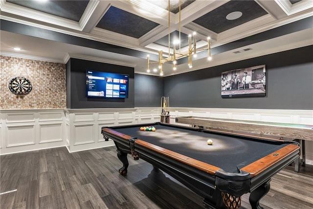 15595 Birmingham Hwy, Alpharetta, GA 30004 - game room featuring ornamental molding, dark wood-style flooring, pool table, coffered ceiling, and beamed ceiling