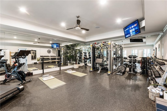 15595 Birmingham Hwy, Alpharetta, GA 30004 - exercise room with a ceiling fan, crown molding, and a raised ceiling