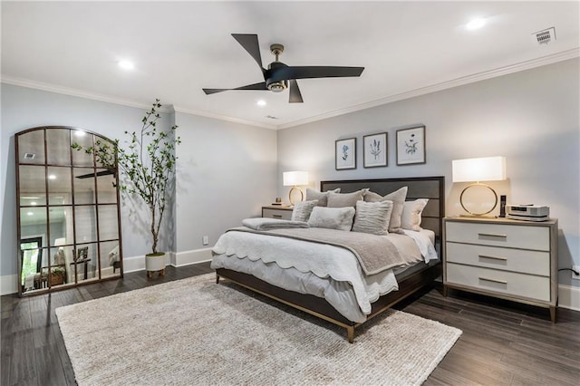 15595 Birmingham Hwy, Alpharetta, GA 30004 - bedroom with recessed lighting, dark wood finished floors, crown molding, and a ceiling fan