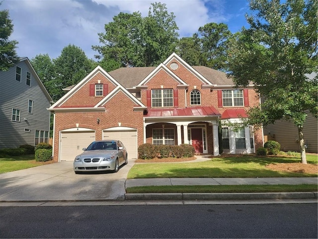 1080 Colgan Ct, Alpharetta, GA 30004 - view of front of home featuring brick siding, concrete driveway, a front lawn, and a garage