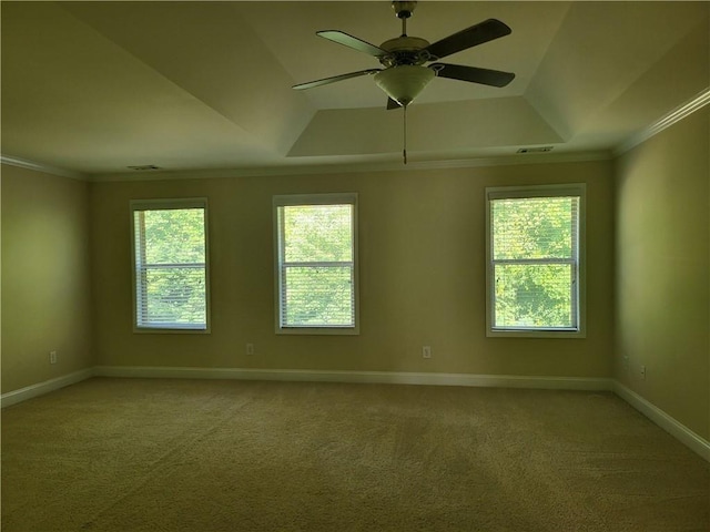1080 Colgan Ct, Alpharetta, GA 30004 - spare room featuring light colored carpet, ornamental molding, ceiling fan, and a raised ceiling