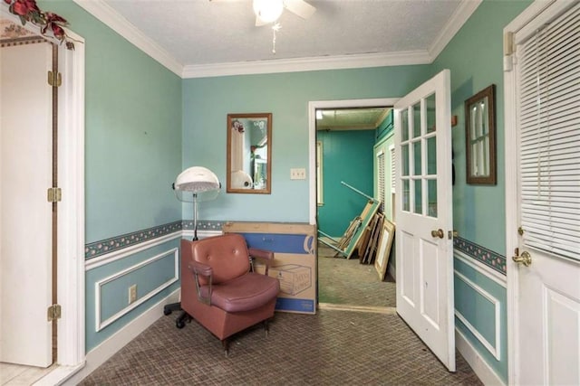 1526 N Cherokee Rd N, Social Circle, GA 30025 - sitting room with crown molding, carpet floors, a ceiling fan, and wainscoting