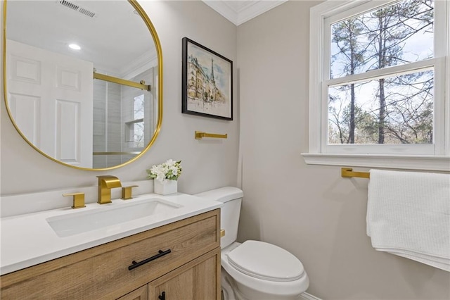 2453 Paul Ave NW, Atlanta, GA 30318 - full bathroom featuring vanity, healthy amount of natural light, a shower with shower door, and crown molding