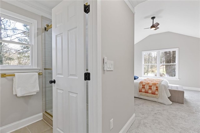 2453 Paul Ave NW, Atlanta, GA 30318 - full bath featuring healthy amount of natural light, a shower stall, a ceiling fan, and lofted ceiling
