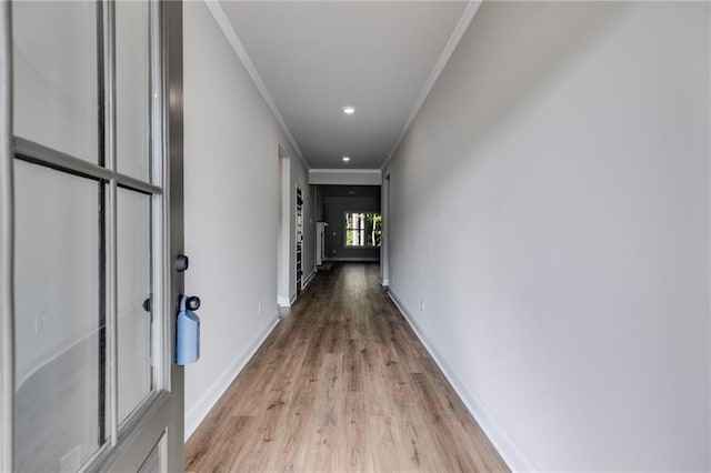 8971 Callaway Dr, Winston, GA 30187 - corridor with crown molding, recessed lighting, light wood finished floors, and baseboards