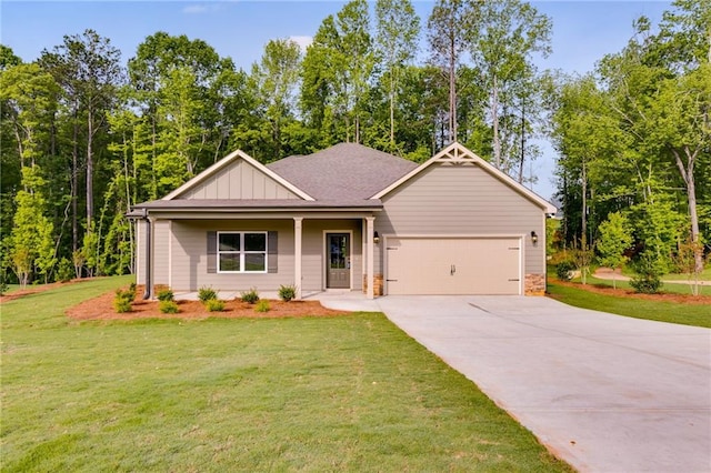 8971 Callaway Dr, Winston, GA 30187 - view of front of property with concrete driveway, an attached garage, board and batten siding, and a front lawn