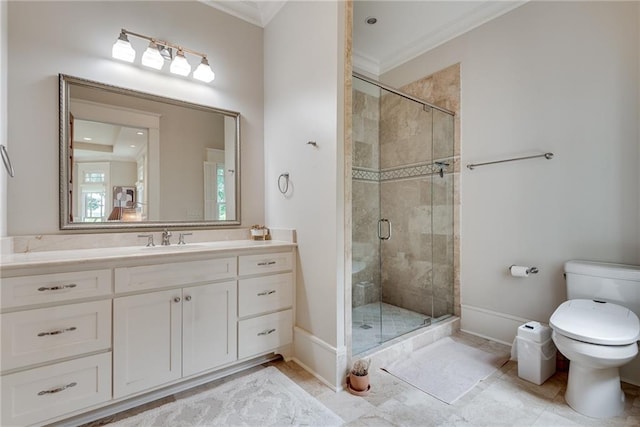 bathroom featuring an enclosed shower, crown molding, vanity, and toilet