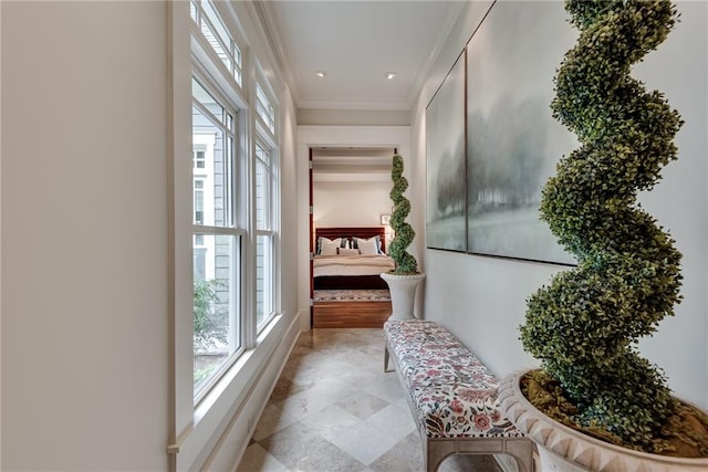 hall with ornamental molding and plenty of natural light