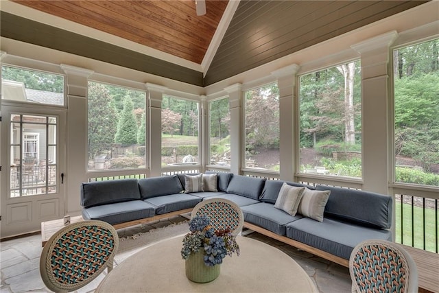 sunroom / solarium with vaulted ceiling, wooden ceiling, and a healthy amount of sunlight