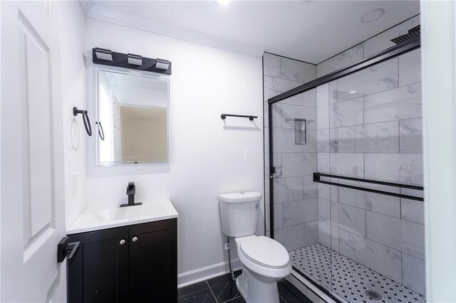 1111 Osborne St SW, Atlanta, GA 30310 - full bathroom with toilet, a stall shower, baseboards, marble finish floor, and vanity