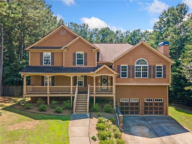 412 Gray Fox Dr, Canton, GA 30114 - view of front of property featuring an attached garage, covered porch, driveway, a chimney, and stairway