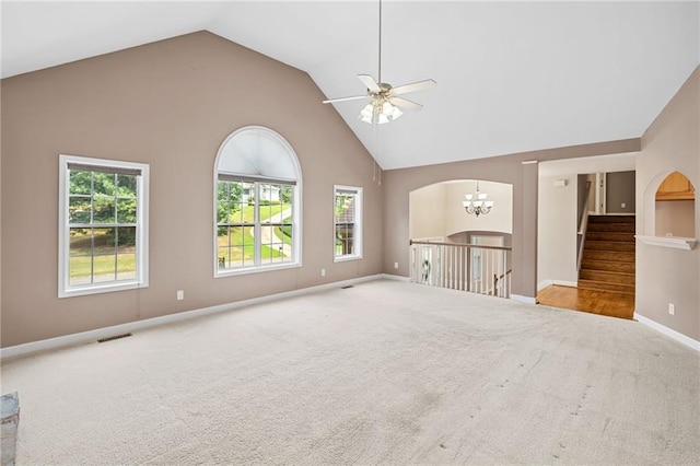 412 Gray Fox Dr, Canton, GA 30114 - carpeted spare room featuring a chandelier, a ceiling fan, and high vaulted ceiling