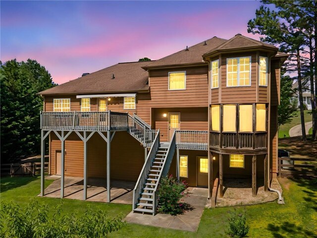 412 Gray Fox Dr, Canton, GA 30114 - back of house with a patio, stairway, a deck, a yard, and a shingled roof