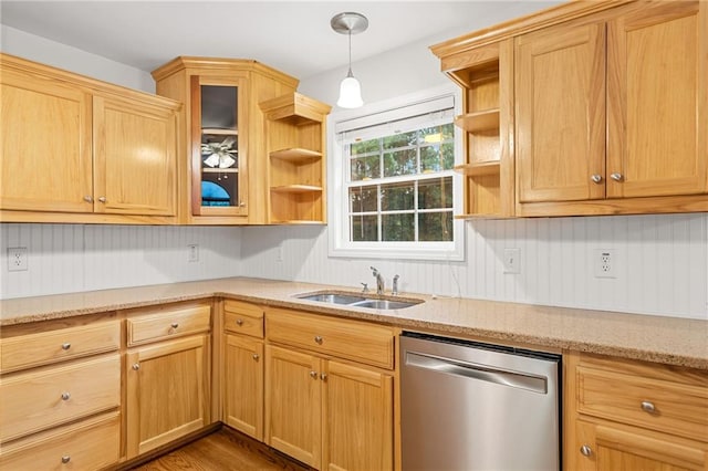 412 Gray Fox Dr, Canton, GA 30114 - kitchen with stainless steel dishwasher, open shelves, light stone countertops, glass insert cabinets, and decorative light fixtures