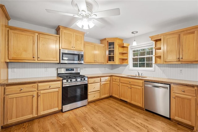 412 Gray Fox Dr, Canton, GA 30114 - kitchen featuring stainless steel appliances, open shelves, ceiling fan, light brown cabinetry, and light wood finished floors