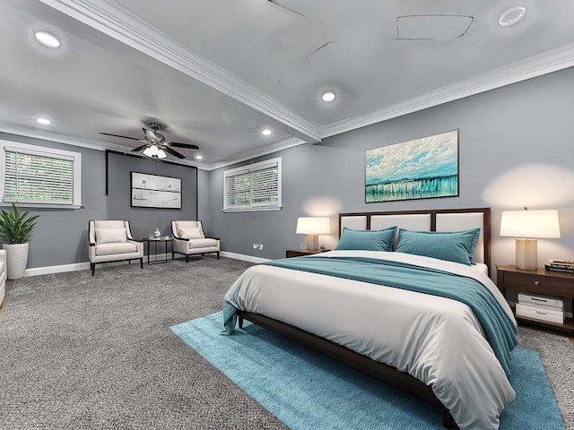 bedroom with ceiling fan, crown molding, and carpet