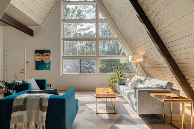 living room with beam ceiling, high vaulted ceiling, and wooden ceiling