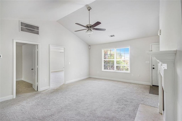 unfurnished living room with visible vents, a ceiling fan, carpet floors, and vaulted ceiling