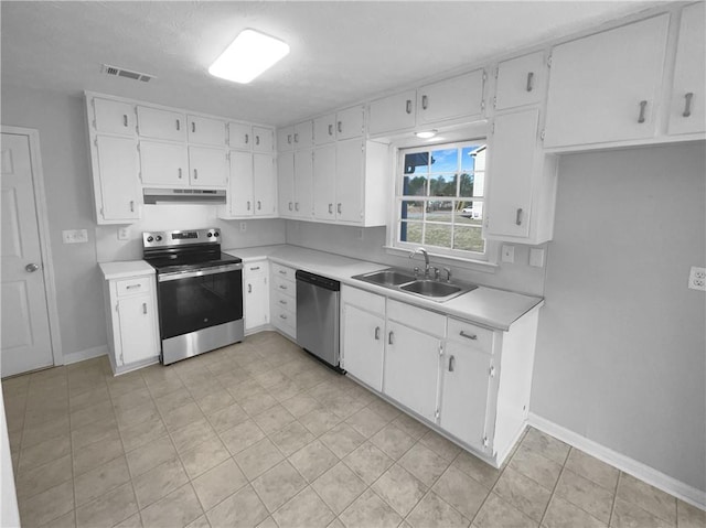 kitchen with visible vents, stainless steel appliances, light countertops, white cabinetry, and a sink