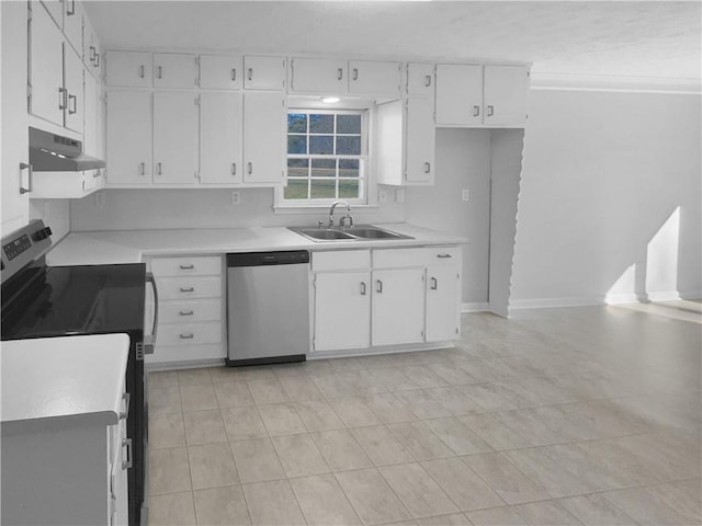 kitchen with white cabinets, dishwasher, light countertops, under cabinet range hood, and range with electric stovetop