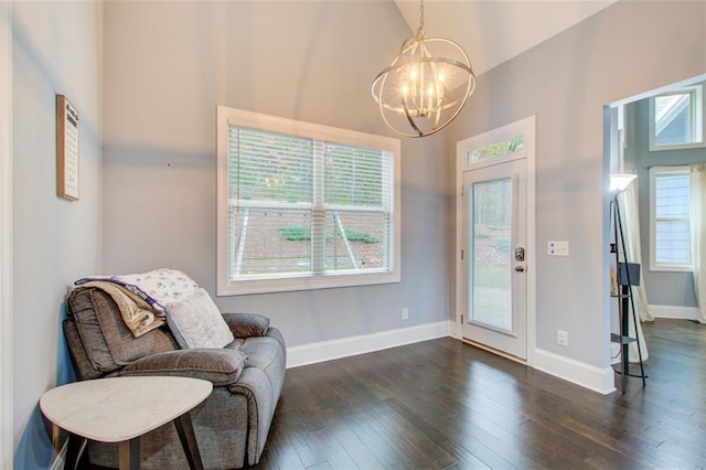 401 Night Hawk Ct, Canton, GA 30114 - sitting room featuring a chandelier, high vaulted ceiling, dark wood-style floors, and baseboards