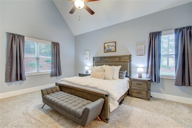 401 Night Hawk Ct, Canton, GA 30114 - bedroom featuring light colored carpet, baseboards, a ceiling fan, and high vaulted ceiling