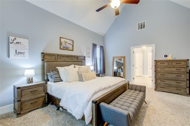401 Night Hawk Ct, Canton, GA 30114 - bedroom with light carpet, high vaulted ceiling, baseboards, and ceiling fan