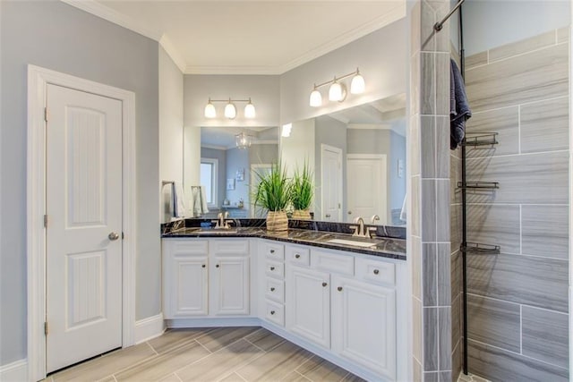 401 Night Hawk Ct, Canton, GA 30114 - full bath with double vanity, a tile shower, and crown molding