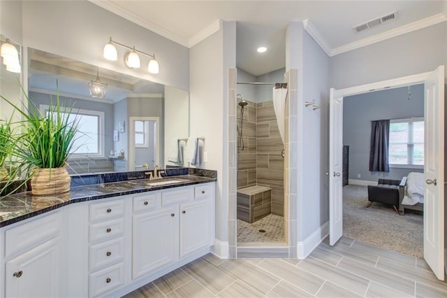 401 Night Hawk Ct, Canton, GA 30114 - full bathroom featuring ornamental molding, a tile shower, baseboards, vanity, and connected bathroom